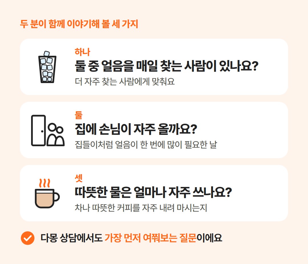 두 분이 함께 이야기해 볼 세 가지: 얼음을 매일 찾는 사람이 있는지, 손님이 자주 오는지, 따뜻한 물을 얼마나 자주 쓰는지